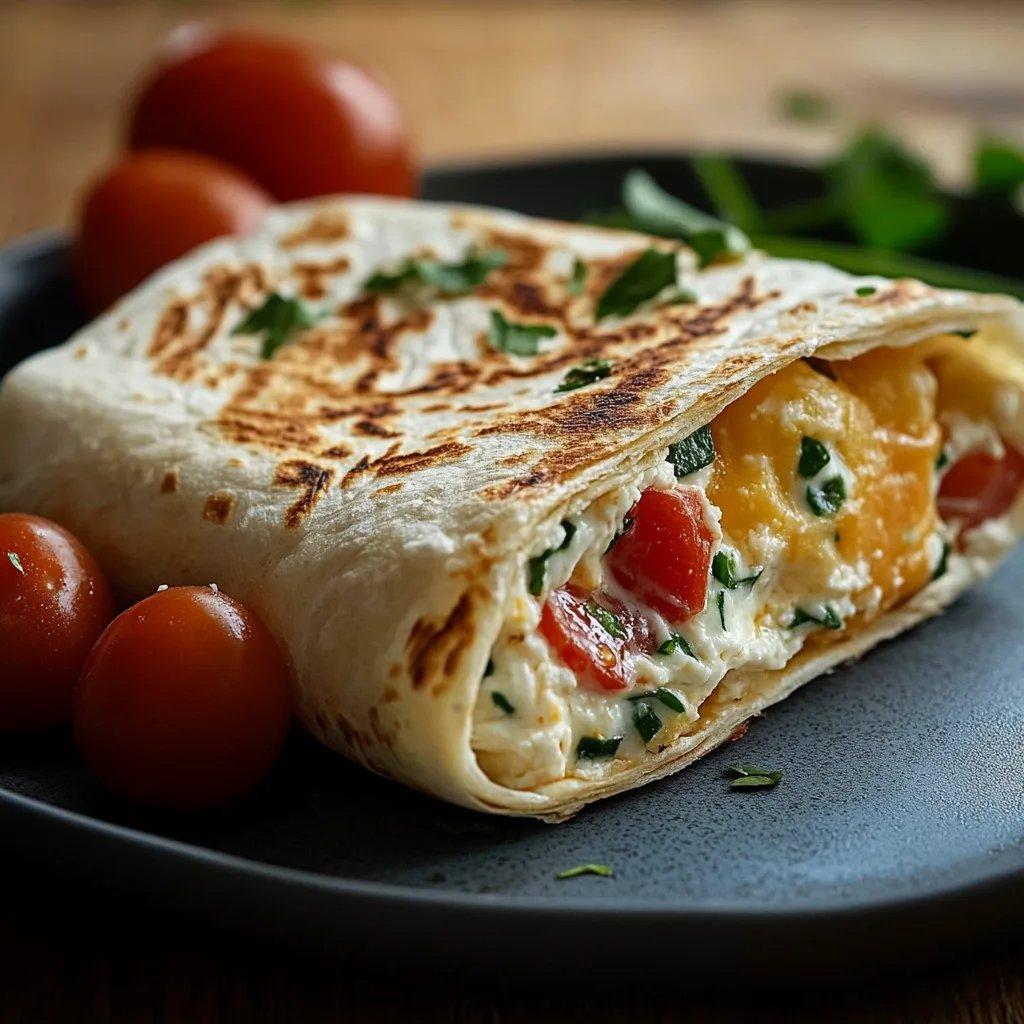 Einfacher Frühstückswrap mit Ei, Käse und Tomaten