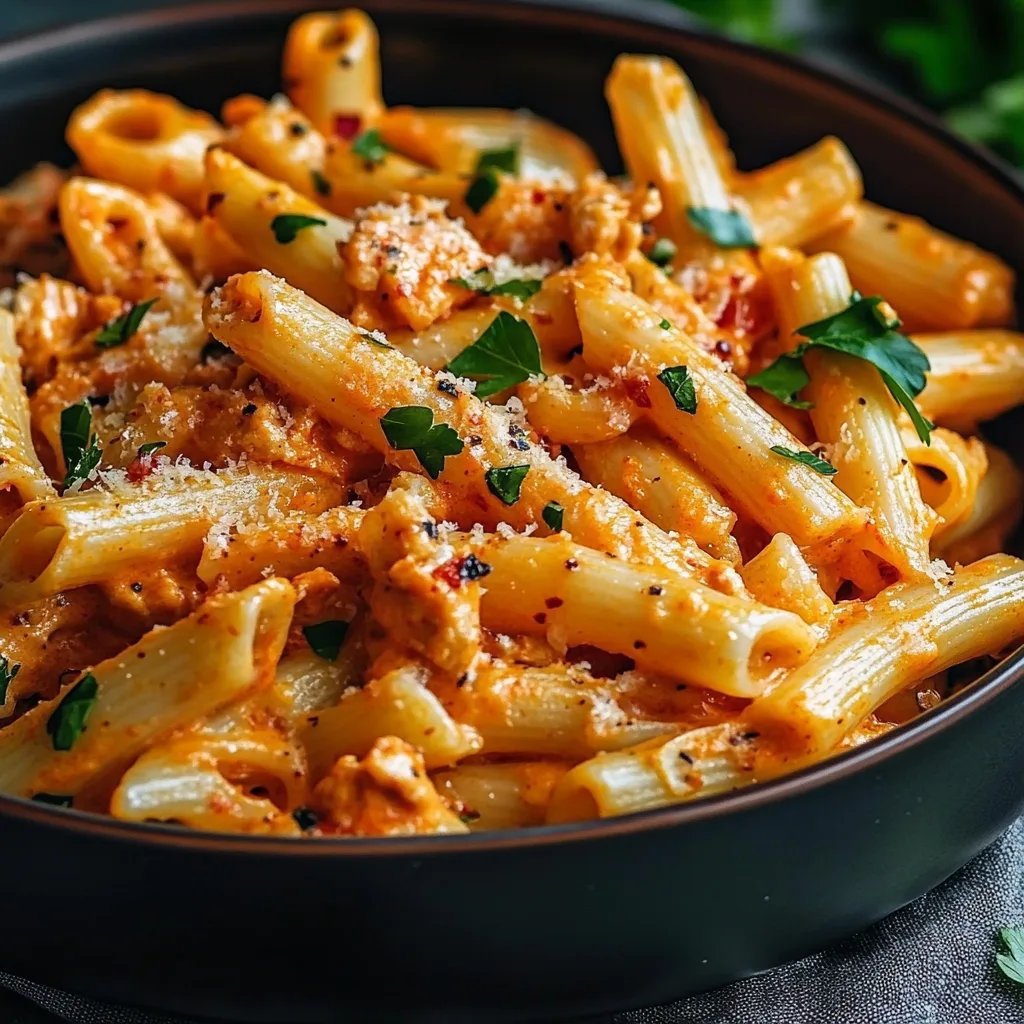 Nudeln mit Hähnchen in cremiger Paprikasoße