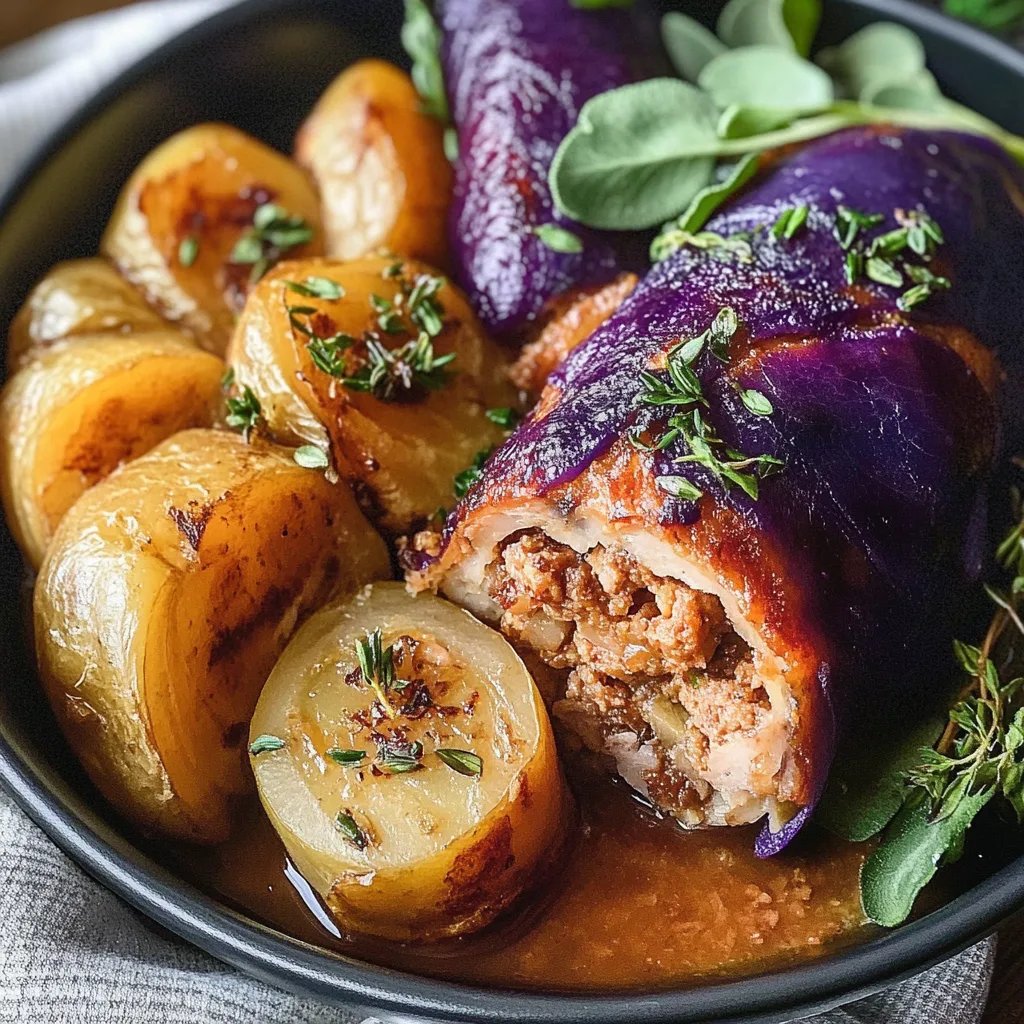 Vegane Rotkohlrouladen mit Süßkartoffelstampf