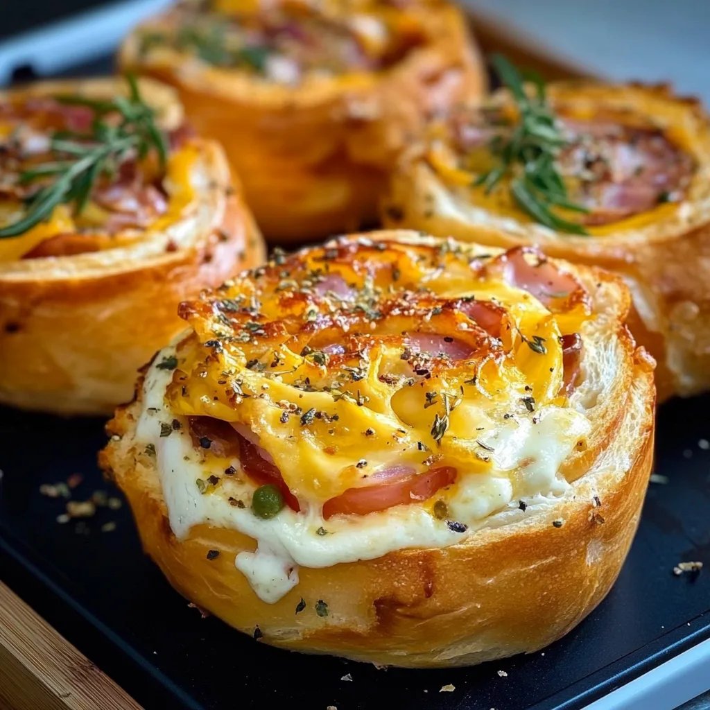 Frühstücksbrötchen mit Rührei, Käse und Rindsspeck