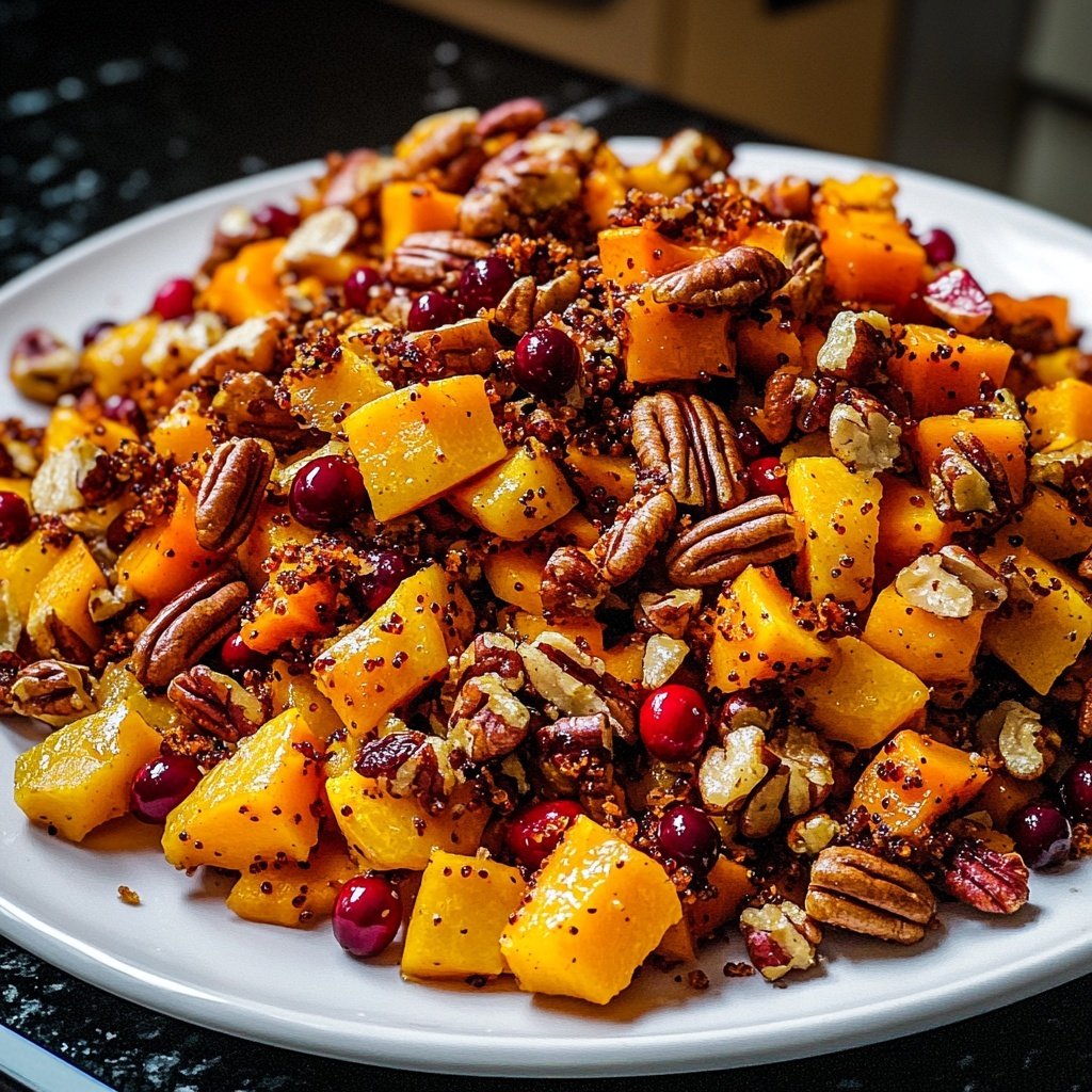 Wintersalat mit Butternutkürbis, Rosenkohl, Cranberries, Pekannüssen und Roter Bete